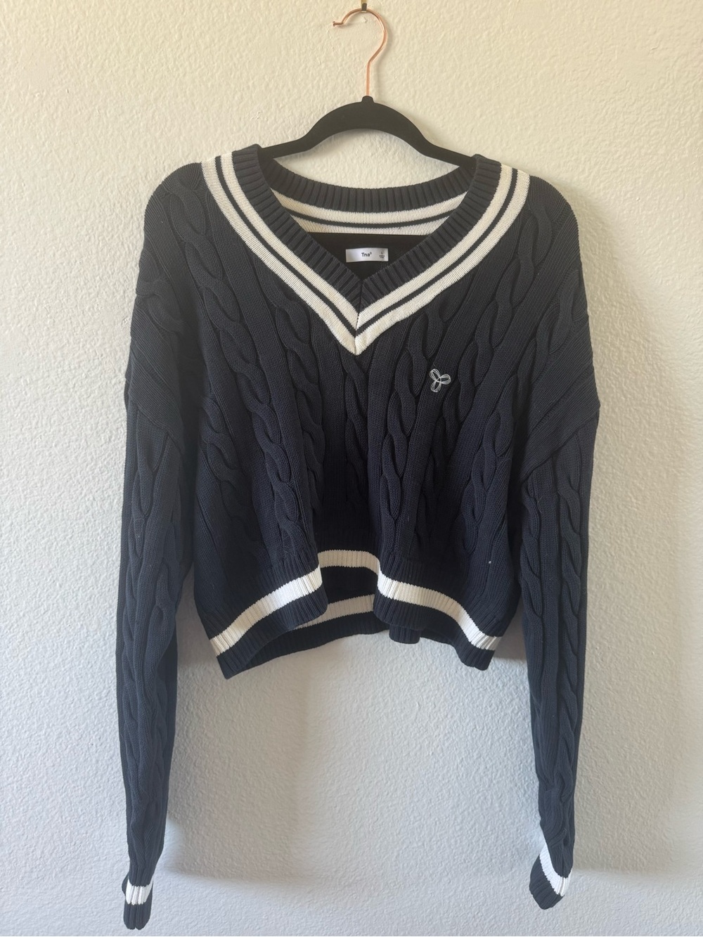 Aritzia Navy Cable-Knit V-Neck Sweater with White Trim